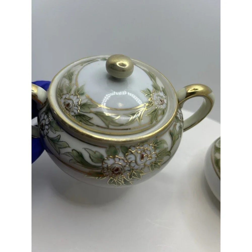 Nippon Floral Hand Painted Porcelain Creamer & Sugar Set W/Lid Vintage